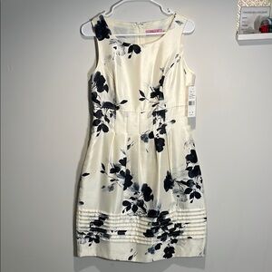 Eliza J Cream and Black Water Color Flowers Satin like Tiered Midi Dress